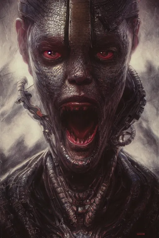 Image similar to realistic portrait beautiful detailed matte painting of cinematic movie scene jet li mutate into cyborg snake. horror, created by gustave dore and greg rutkowski, high detailed, smooth draw, synthwave neon retro, intricate, realistic proportions, dramatic lighting, trending on artstation.