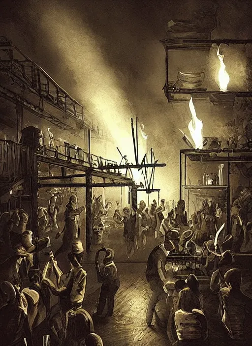 Image similar to “Party in old 19th century factory with lots of people holding burning torches and dancing. Spotlights, smoke. Artstation. Dark, highly detailed. In style of Mike Savad.”