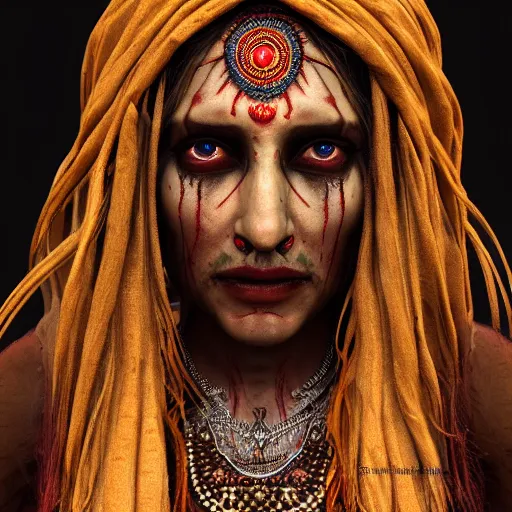 Image similar to Female Aghori Sadhu portrait, veins, nervous system, sinew, 8k , high octane render, unreal engine 5, IMAX quality, hyperdetailed, realistic, golden ratio, intricate, cinematic lighting,