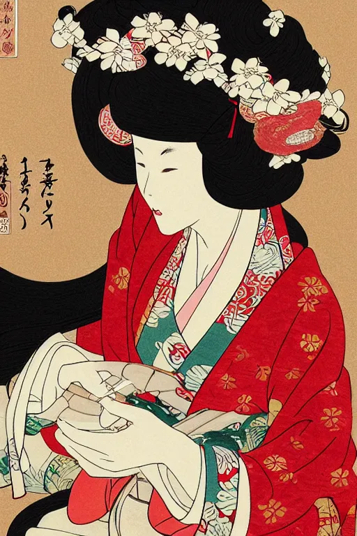 Prompt: portrait of a long haired woman wearing a red kimono playing a biwa in traditional japanese house, delicate, detailed long black hair, detailed flower pattern kimono, elegant, anime key visual, fukaya yuichiro