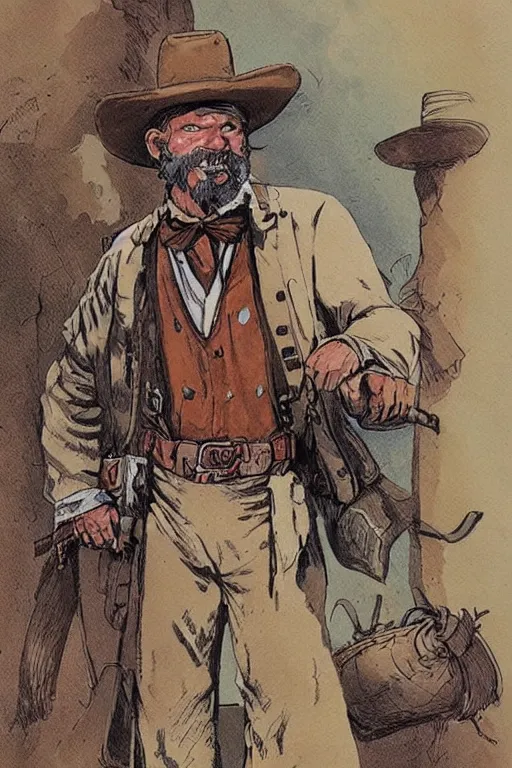 Image similar to Mr Rabbit dressed as an old west prospector. concept art by James Gurney and Mœbius.