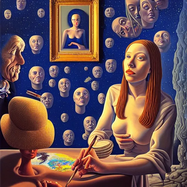 Image similar to an oil on canvas portrait of a man painting a portrait of a beautiful woman surrounded by portrait paintings, surrealism, surrealist, cosmic horror, rob gonsalves, high detail