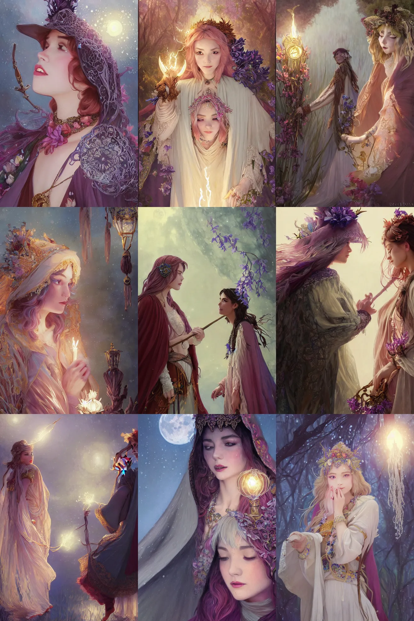 Prompt: a cinematic beautiful closeup moment of moon magician lovers saying goodbye wearing boho poncho and sunhat with hyacinths casting lightening spells, Frozen II Klaus film, fantasy, intricate, elegant, highly detailed, digital painting, artstation, concept art, smooth, sharp focus, illustration, art masterpiece by art by Krenz Cushart and Artem Demura and alphonse mucha, ArtGerm, Jon Lothian, Danilo Torres, Adi Meyers, Thomas Reimann, Gaston Bussiere