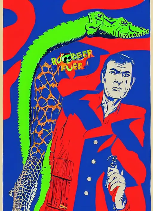 Prompt: a picture of robert forster in alligator ( 1 9 8 0 ), a screenprint by tadanori yokoo, trending on deviantart, naive art, soviet propaganda, 1 9 7 0 s, concert poster