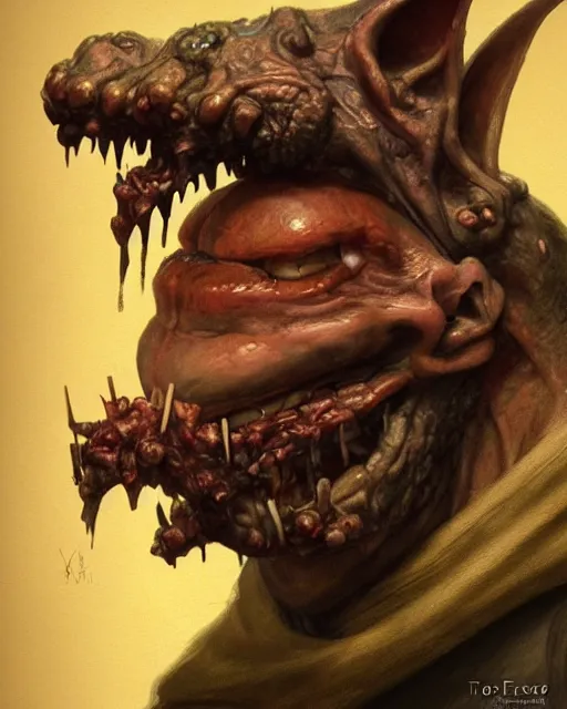 Image similar to closeup profile face portrait of a medieval goblin eating cakes in the cathedral, beautiful face, hyper realistic, highly detailed, digital painting, artstation, illustration, concept art by hyung tae, frank frazetta, bosch, giger, digital paint, matte paint, washed colors, dark, gloomy, detailed and intricate environment