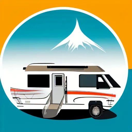 Prompt: very very very stylized minimal vector graphic of a thor chateau motorhome, hills and sunset, white background, all enclosed in a circle, professional minimal graphic design cartoon