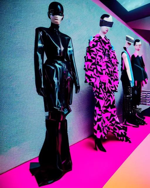 Prompt: an award winning fashion photograph of Balenciaga's fashion week 2049, cyberpunk, futuristic, Bladerunner 2049, dazzle camouflage!, dayglo pink, dayglo blue, raven black, corporate