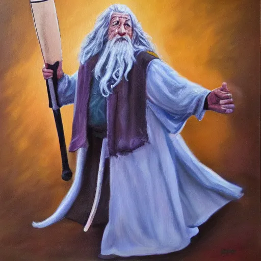 Prompt: Oil painting of Gandalf playing cricket