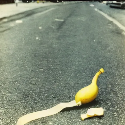 Image similar to wide-shot very low-angle eyesight photo of stray cat and a banana peel at the street in New York, polaroid photo, by Andy Warhol, signed