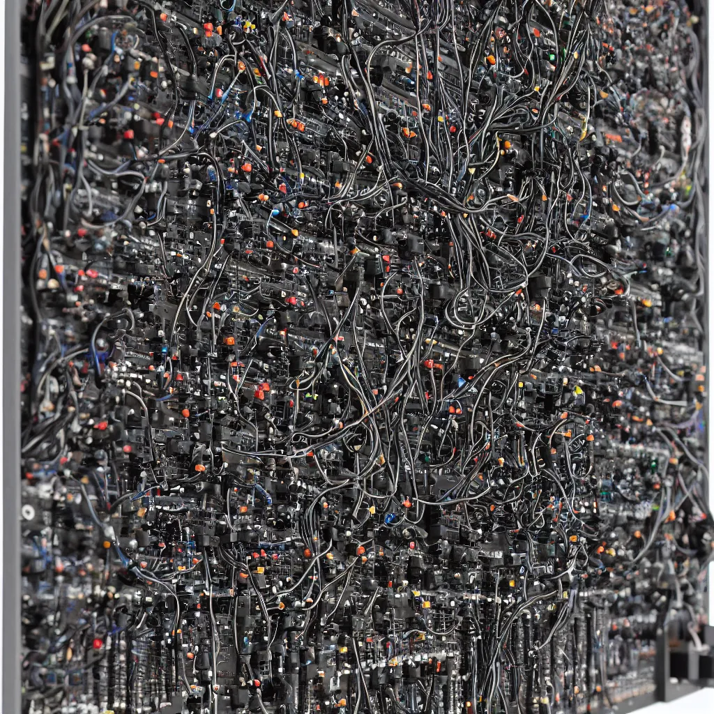 Image similar to Eurorack synthesizer wall with a bunch of patch cable connections, the eurorack's faceplate can be seen perfectly, detailed, high contrast, 8k, in the style of Caravaggio, oil painting