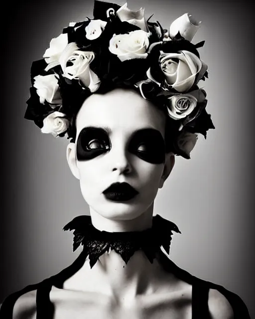 Image similar to dreamy surreal poetic black and white photo of a beautiful young female-cyborg-vegetal with a very long neck and a super big gothic lace collar and a very high big floral crown with many black dry roses by Vivienne Westwood:: smoke, high fashion, haute couture, rococo, avant-garde, elegant, dreamy, hyper realistic, 150 mm lens, soft rim light, octane render, unreal engine, picture was taken in 1910 by Dora Maar, volumetric lighting, dramatic light,8k,