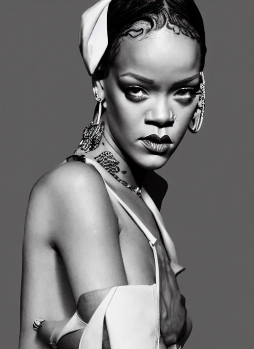 Prompt: rihanna styled by nick knight posing, high fashion themed, archive pieces, beautiful face, vogue magazine, highly realistic. high resolution. highly detailed. dramatic. 8 k. 4 k.