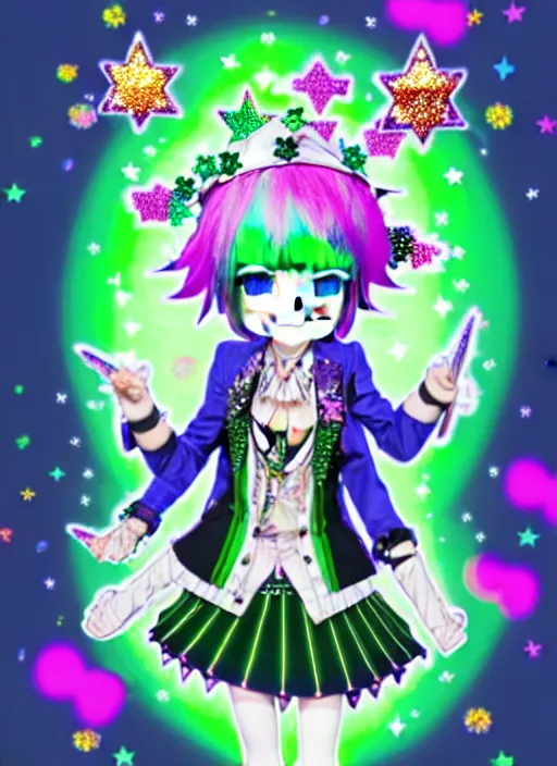 Image similar to a hologram of decora styled green haired yotsuba koiwai wearing a jester hat and gothic spiked jacket, background full of lucky clovers and shinning stars, holography, irridescent, baroque visual kei decora art