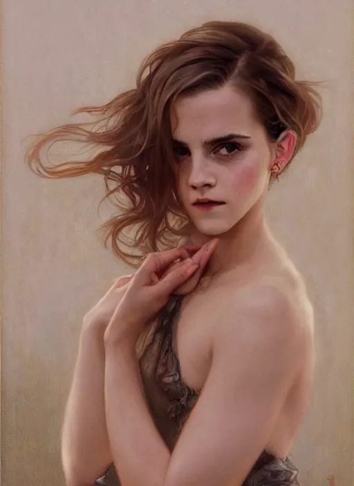 Image similar to oil painting of emma watson giving biting her lip seductive look. beautiful detailed face. by artgerm and greg rutkowski and alphonse mucha