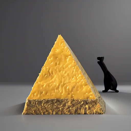 Prompt: Pyramid made of cheese, with a cat head on top, a giant guitar being played, atmospheric octane render