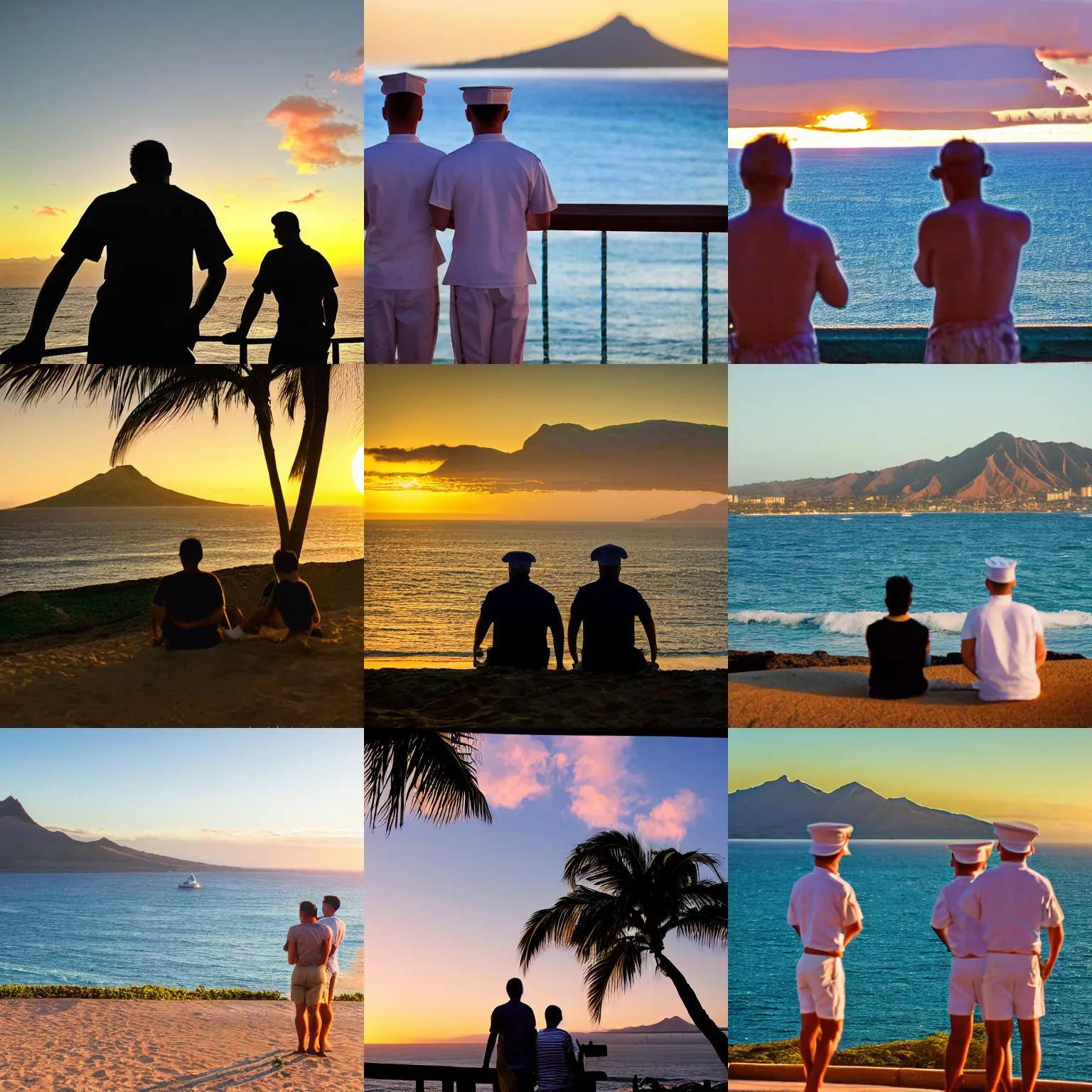 Prompt: a 5 5 mm photo of two sailors watching the sunset as diamond head hawaii is visible in the background