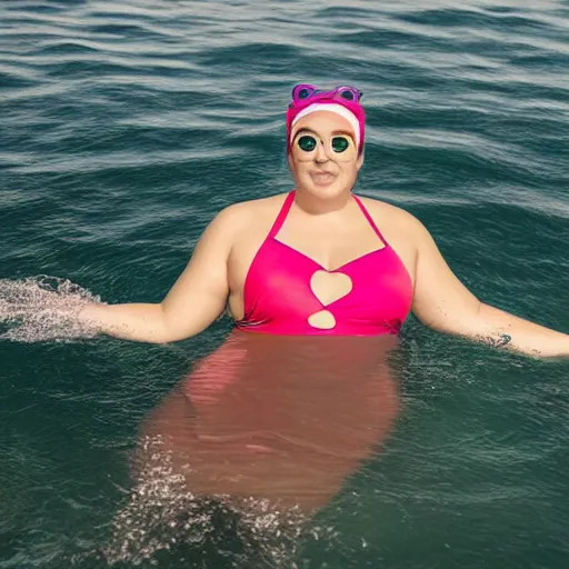 Image similar to adult girl in swimsuit wearing flippers swimming to the bottom of the ocean inflated chest holding breath