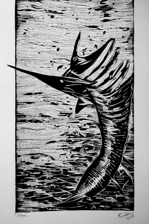 Image similar to a beautiful woodcut print of a marlin, 8 k, frostbite 3 engine, cryengine, dof, trending on artstation, digital art, crepuscular ray, art by roy l davies and tugboat printshop