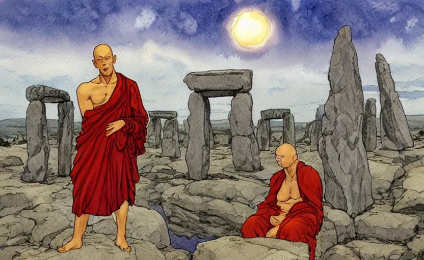 Image similar to a hyperrealist watercolor fantasy concept art of giant monk with a long forehead in grey robes sitting in stonehenge. in the background a ufo is in the sky. by rebecca guay, michael kaluta, charles vess