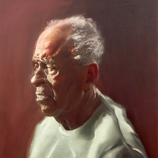 Image similar to a painting of a elder man by Lynette Yiadom-Boakye . dramatic angle, details, smooth, sharp focus, illustration, realistic, cinematic, artstation, award winning, rgb , unreal engine, octane render, cinematic light, macro, depth of field, blur, red light and clouds from the back, highly detailed epic cinematic concept art CG render made in Maya, Blender and Photoshop, octane render, excellent composition, dynamic dramatic cinematic lighting, aesthetic, very inspirational, arthouse.