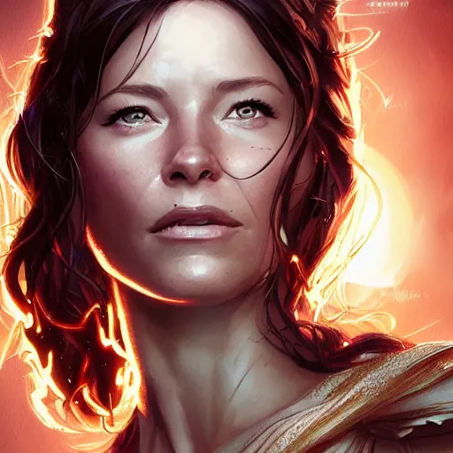 Prompt: evangeline lilly as a goddess, digital illustration, by artgerm and greg rutkowski,