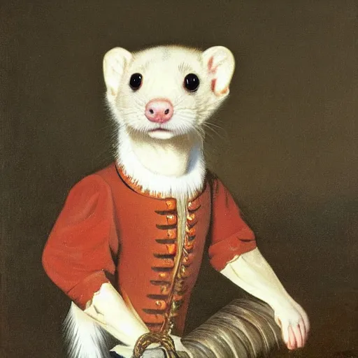 Prompt: Ferret in a general outfit, painted by Jan Willem Pieneman, Courageous, Bold,