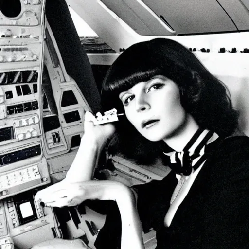 Prompt: a beautiful dark - haired girl piloting a concorde while smoking a gauloise 1 9 7 9 photo