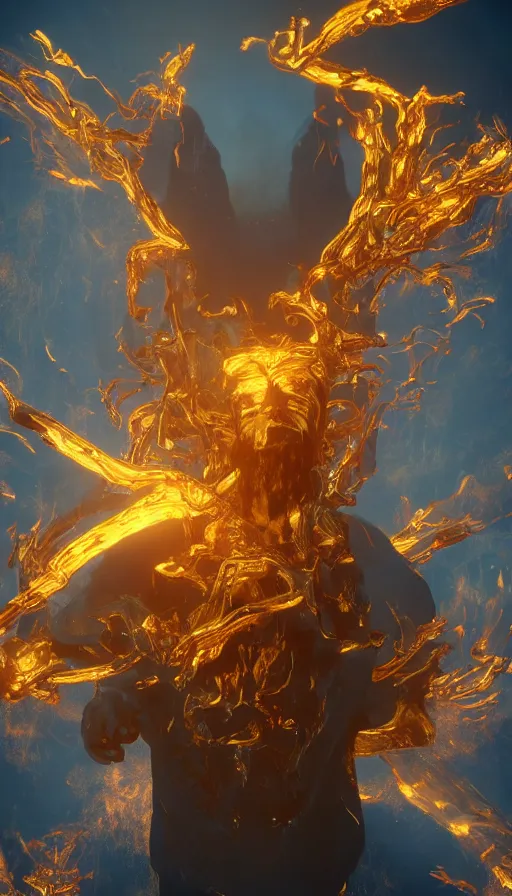 Prompt: a surreal painting of a god made of golden fire, octane renderer, unreal engine, 3 d hyper realistic, volumetric lighting