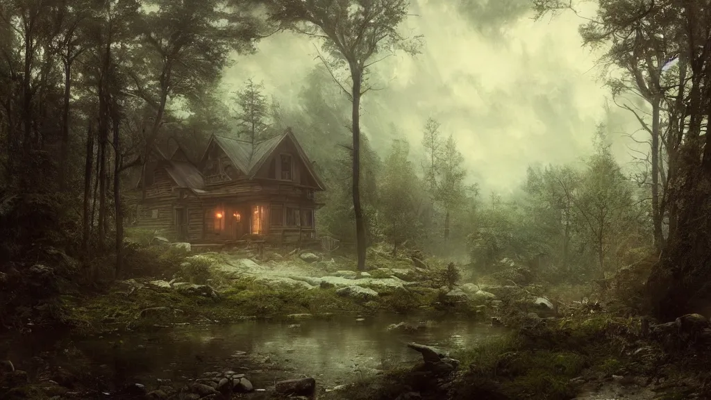 Image similar to [ a cabin in the woods, where the old druid lives ] andreas achenbach, artgerm, mikko lagerstedt, zack snyder, tokujin yoshioka