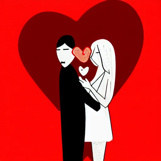 Image similar to two red hearts, couple, a woman and a man, love, sadness, dark ambiance, concept by Godfrey Blow, featured on deviantart, drawing, sots art, lyco art, artwork, photoillustration, poster art