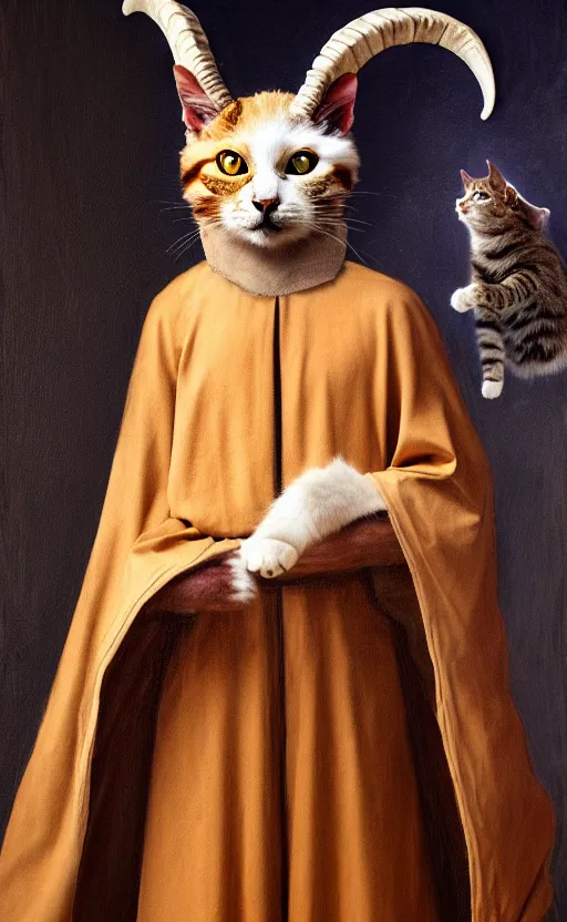 Prompt: a bipedal cat that has goat horns, anthropomorphic cat that is wearing robes, oil painting, by leonardo da vinci, dnd, character reveal, cosmic, magical, fog, noble, full body portrait, extremely detailed, cult, ritual, 4 k, 8 k