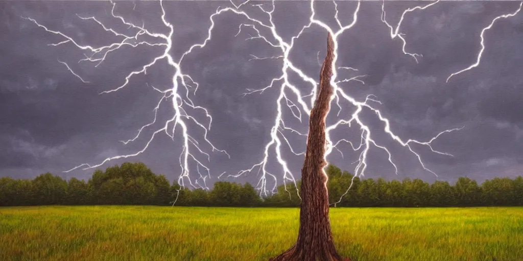 Image similar to lightning strikes a tree in the middle of a field, painting By Alex Gray,