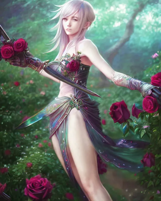 Image similar to an elegant lady surrounded by holographic swords in a garden full of roses, final fantasy, cushart krenz, cushart krenz, goddess, unreal engine, very detailed, realistic face, detailed face, matte, tonemapping, perfection, 4 k