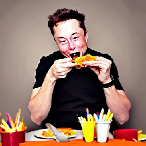 Image similar to an award winning photo of elon musk eating!! crayons!, gourmet restaurant, 4 k, high quality