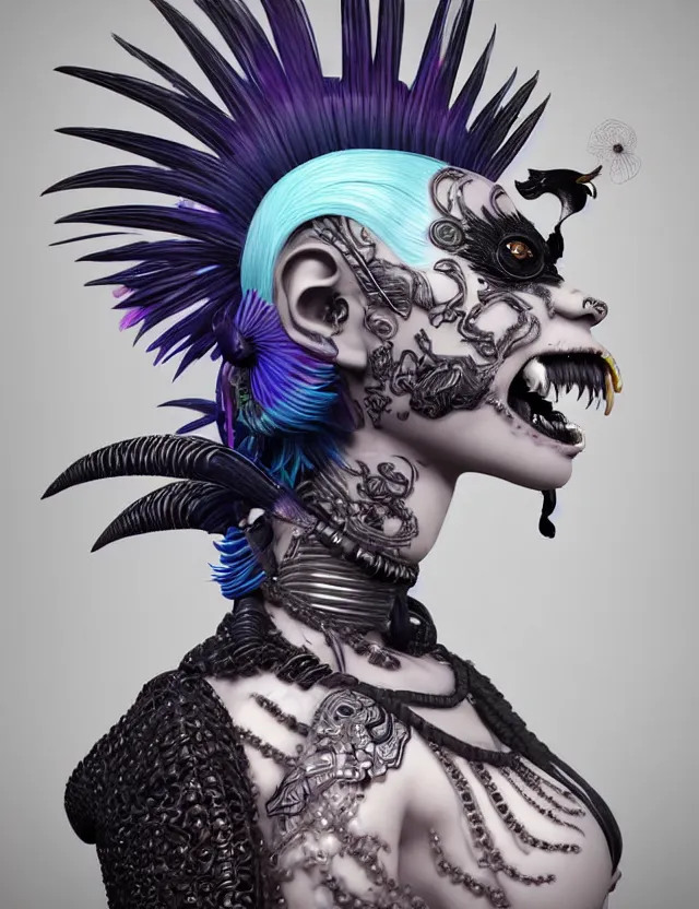 Image similar to 3 d photo realistic goddess close - up profile portrait punk with mohawk with ram skull. beautiful intricately detailed japanese crow kitsune mask and clasical japanese kimono. betta fish, jellyfish phoenix, bio luminescent, plasma, ice, water, wind, creature, artwork by tooth wu and wlop and beeple and greg rutkowski