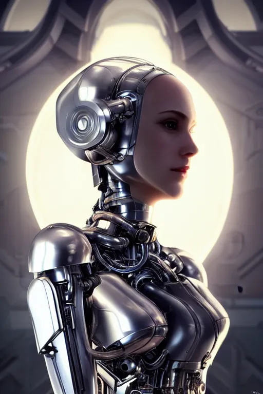 Image similar to Mechanical female android looking, cinematic lighting, intricate, elegant, super highly detailed, art station, concept art, smooth, sharp focus, no blur, no dof, extreme illustration, Unreal Engine 5, Photorealism, HD quality, 8k resolution, cinema 4d, 3D, beautiful, delicate, art by artgerm and greg rutkowski and alphonse mucha and loish and WLOP