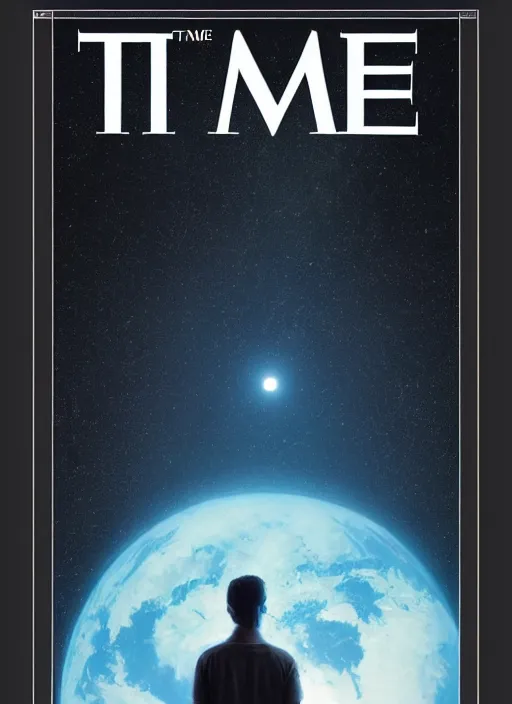 Image similar to the cover of time magazine with a man standing in front of a planet, poster art by Emiliano Ponzi, trending on cg society, private press, sci-fi, elite, cosmic horror