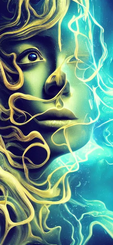 Image similar to epicillustration, abstract sculpture of beautiful female face and black swirling liquifying acrylic portrait, fluffy clouds, golden hour, beautiful light, 3 d sculpture of carving marble, dark colors, dark mood, one point lightning, golden spirals, epic matte painting, concept art, digital painting
