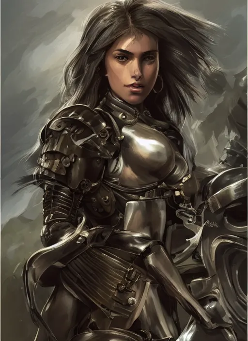 Prompt: a professional portrait of an attractive young girl, partially clothed in battle armor, olive skin, long dark hair, beautiful bone structure, symmetrical facial features, intricate, elegant, digital painting, concept art, smooth, sharp focus, finely detailed illustration, beautifully framed, from Metal Gear, in the style of Artgerm and Greg Rutkowski and William-Adolphe Bouguerea