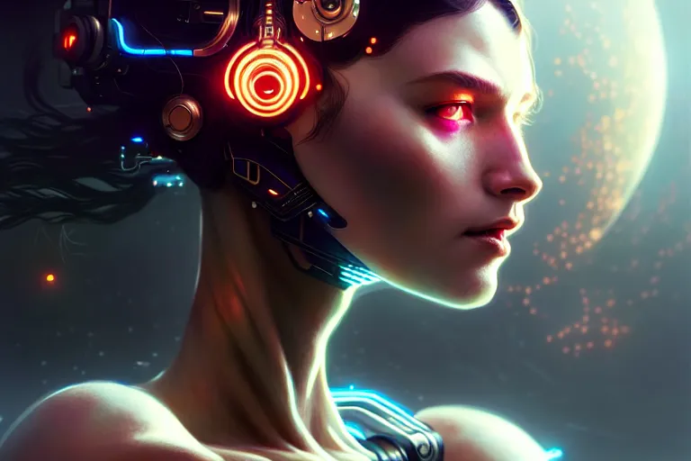 Image similar to ultra realistic, beautiful cyborg woman, sci-fi, fantasy, cyberpunk, intricate, elegant, highly detailed, digital painting, octane render, artstation, concept art, smooth, sharp focus, illustration, art by artgerm and greg rutkowski and alphonse mucha