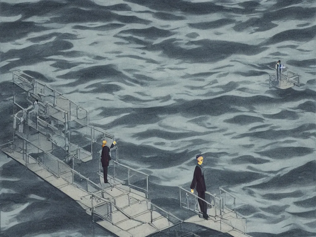 Prompt: lithograph printed in 2100. It depicts a man in a art gallery viewing a print of a seascape. The man\'s reflection is seen in the print, and the reflection shows the man walking down a staircase. The staircases in the print appear to be infinite, By M. C. Escher, colorized by Hayao Miyazaki