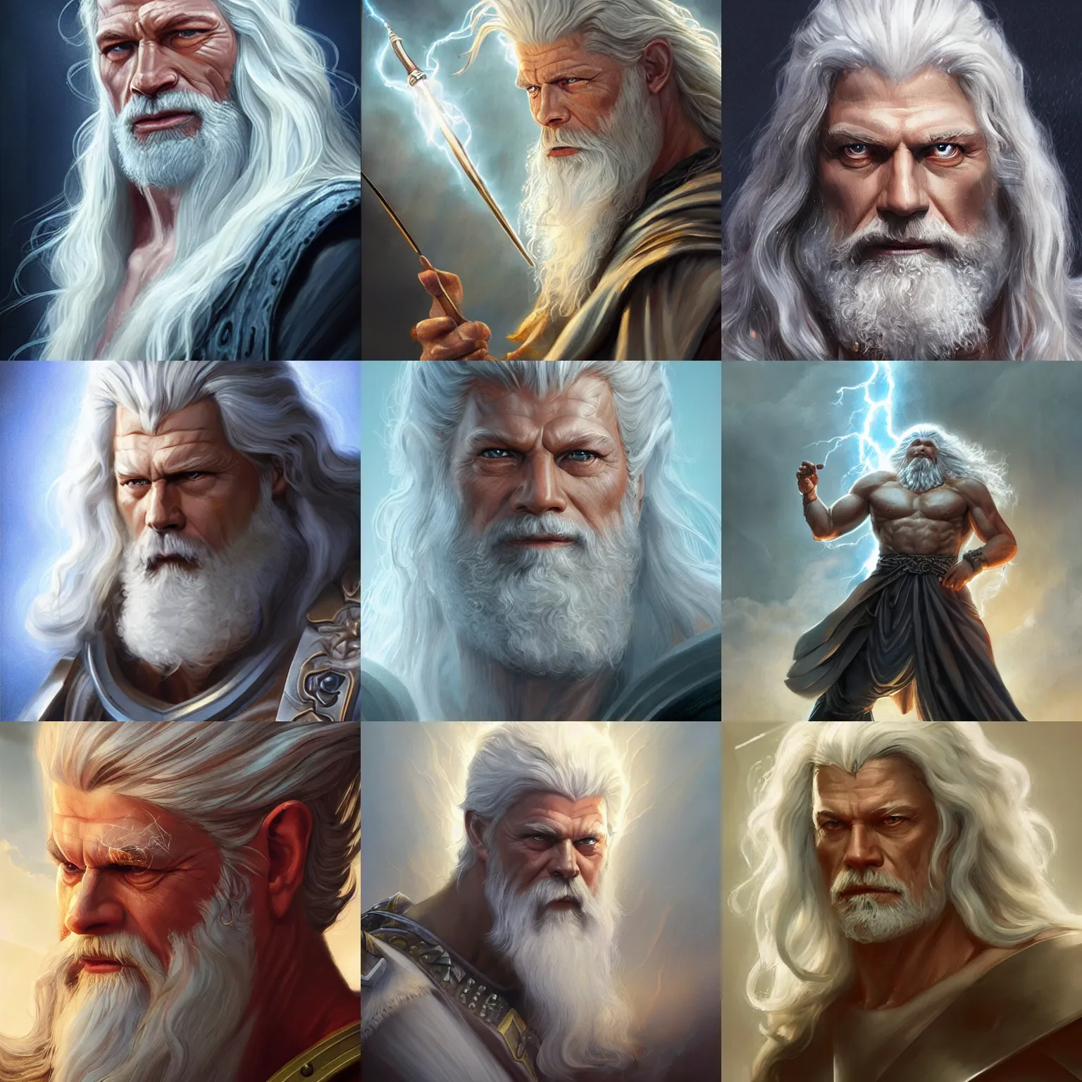 Image similar to zeus, god of thunder, stephen lang, long white hair, lightning, D&D, fantasy, highly detailed, digital painting, trending on artstation, concept art, sharp focus, illustration, art by artgerm and greg rutkowski and magali villeneuve