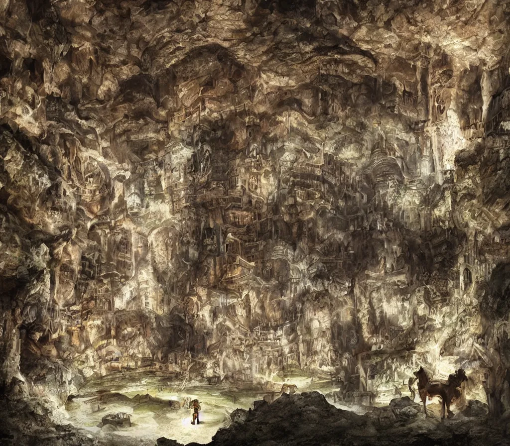 Image similar to the city of Rome but underground in an impossibly large cave,fantasy art,realistic,high quality,detailed