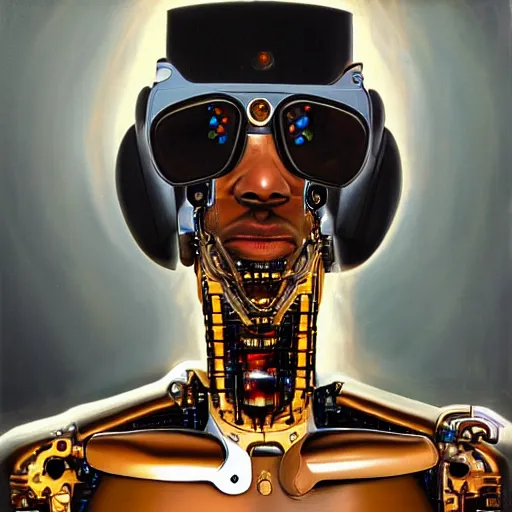 Image similar to a realistic oil painting of a black man as a cybernetic cyborg, surrealism portrait, surrealism album cover