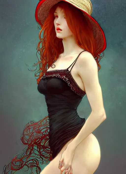 Image similar to a highly detailed illustration of tall beautiful red haired lady wearing black spaghetti strap dress and sun hat, elegant pose, perfect face, perfect body, perfect eyes, by alphonse mucha, intricate, elegant, highly detailed, centered, digital painting, artstation, concept art, smooth, sharp focus, league of legends concept art, wlop.