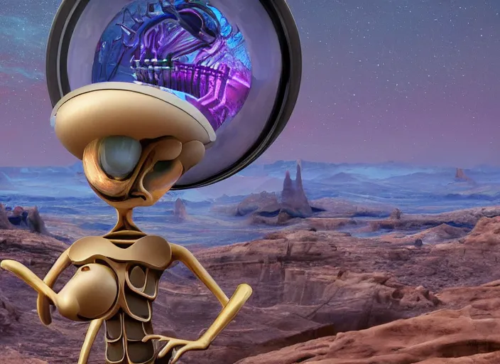 Image similar to close up photograph of a strange surrealist detailed alien electronic-musical-instrument!!, designed by pixar!!, in the background is a bryce 3d surrealist landscape biome, hyper detailed, photorealistic, 8k, hd
