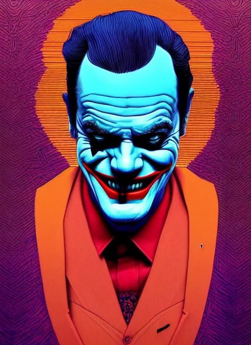 Prompt: symmetry!! stunning portrait of jack nicholson as arthur fleck joker, 2 0 1 9 joker movie, by victo ngai, kilian eng vibrant colors, dynamic lighting, digital art, winning award masterpiece, fantastically beautiful, illustration, aestheticly inspired by beksinski and dan mumford, upscale with simon stalenhag work, artstation, 8 k