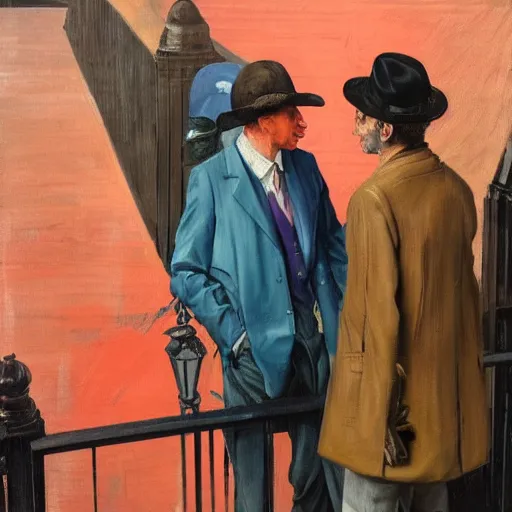 Image similar to high quality high detail painting of two men talking in the city streets of london by lucian freud and edward hopper and jenny saville and francis bacon and norman rockwell and malcom liepke and nicola samori, hd, turquoise and purple and orange and pink, dark atmosphere