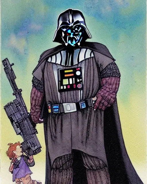 Prompt: a realistic and atmospheric watercolour fantasy character concept art portrait of a fat, chibi darth vader with pink eyes wearing a wife beater and holding a gun. by rebecca guay, michael kaluta, charles vess and jean moebius giraud