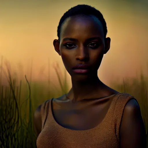 Image similar to photographic portrait of a stunningly beautiful african renaissance female in soft dreamy light at sunset, beside the river, soft focus, contemporary fashion shoot, in a denis villeneuve and tim burton movie, by edward robert hughes, annie leibovitz and steve mccurry, david lazar, jimmy nelsson, extremely detailed, breathtaking, hyperrealistic, perfect face, octane render